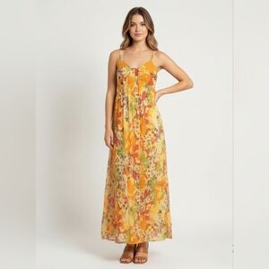 NWOT Floral Print Yellow Multi Maxi Dress Size S